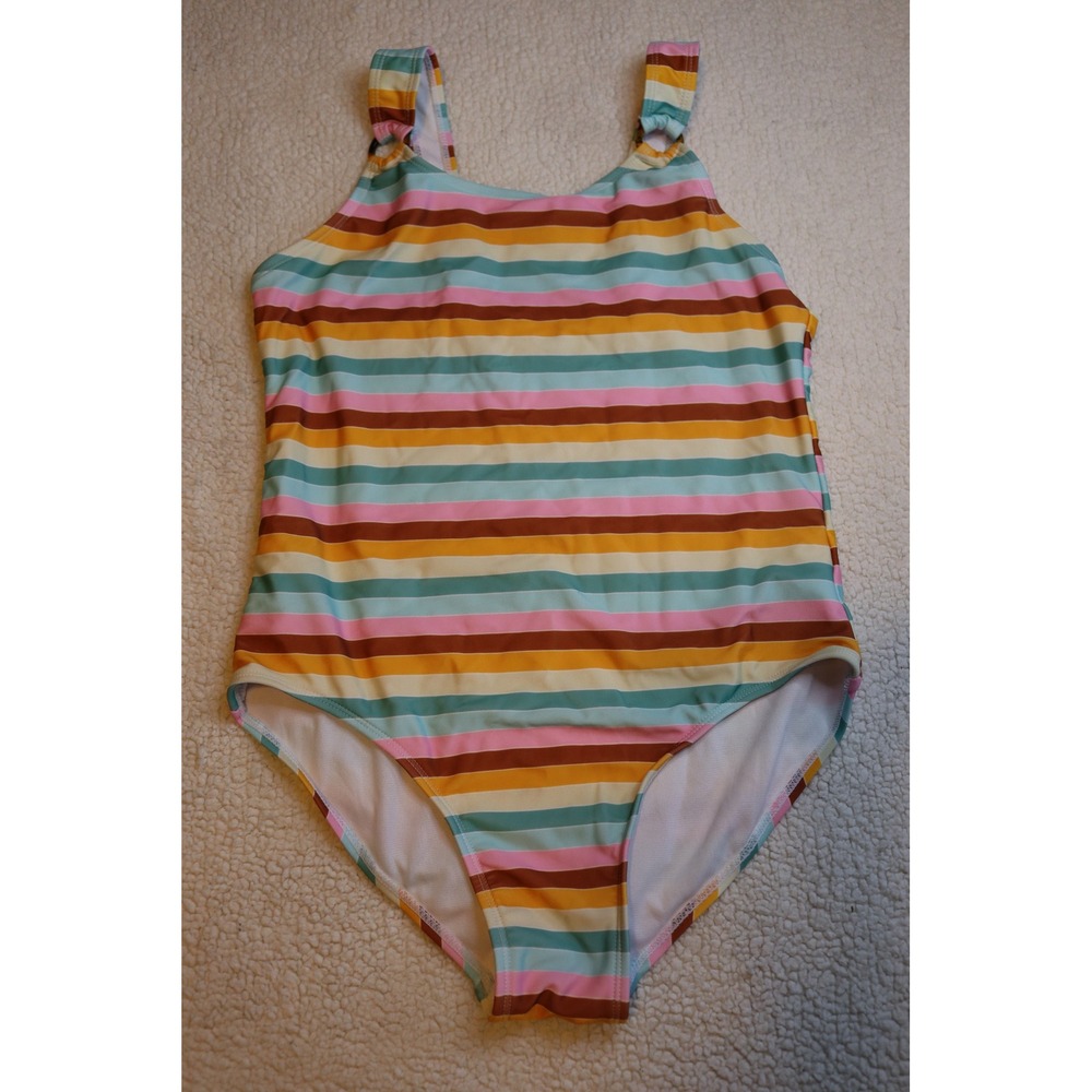 Wonder Nation Girls XL 14-16 One Piece Swimsuit Multi Color Striped O-Ring Strap